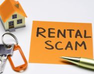 rental scam written on a piece of paper and a small house with orange roof.feature
